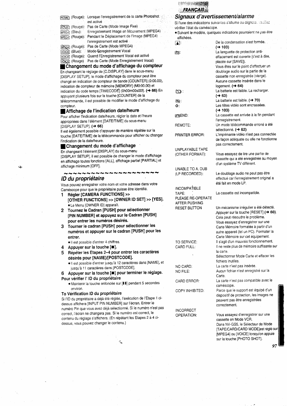 Changement du mode d’affichage du compteur, Affichage de l’indication date/heure, Changement du mode d’affichage | Id du propriétaire, Signaux d’avertissement/alarme, Id du propriétaire signaux d’avertissement/alarme | Panasonic NVGS5 User Manual | Page 43 / 54