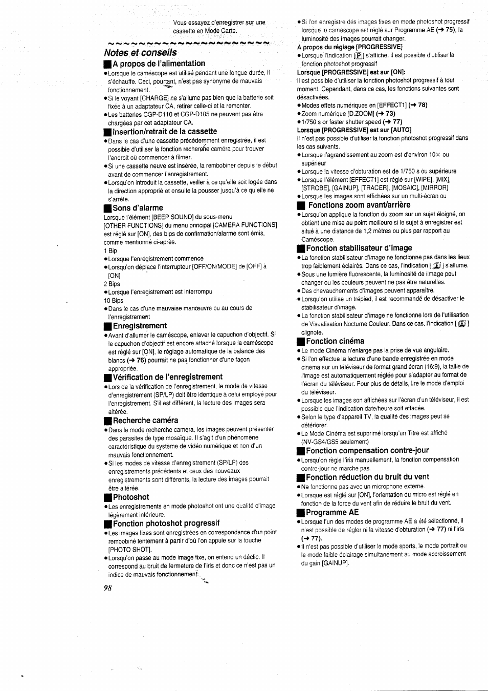Notes et conseils, Ia propos de l’alimentation, Insertion/retrait de la cassette | Sons d’alarme, Enregistrement, Vérification de l’enregistrement, Recherche caméra, Photoshot, Fonction photoshot progressif, Fonctions zoom avant/arrière | Panasonic NVGS5 User Manual | Page 44 / 54