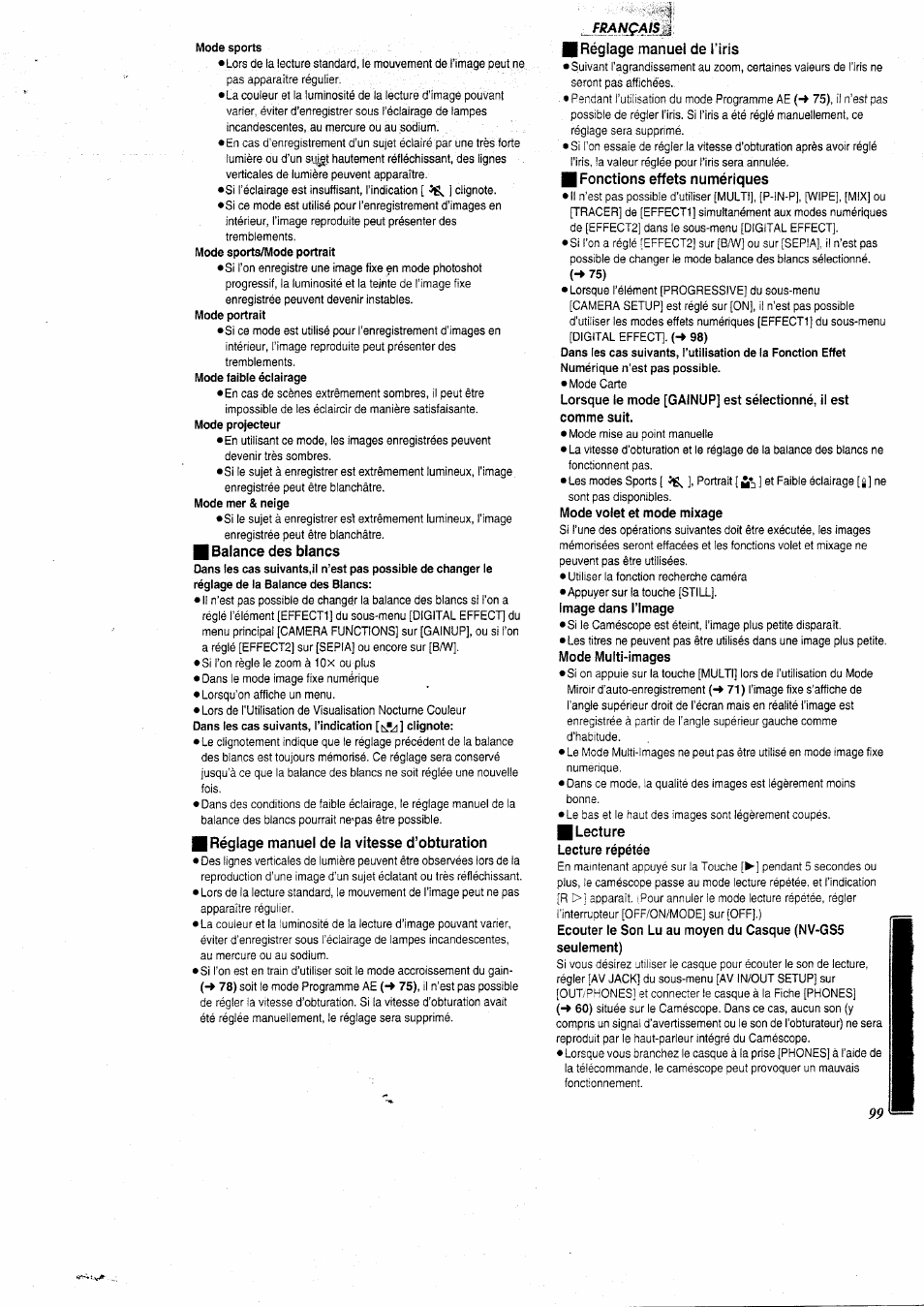 Balance des blancs, I réglage manuel de la vitesse d’obturation, Réglage manuel de l’iris | Fonctions effets numériques, Mode volet et mode mixage, Image dans l’image, Mode multi-images, Lecture, Lecture répétée | Panasonic NVGS5 User Manual | Page 45 / 54