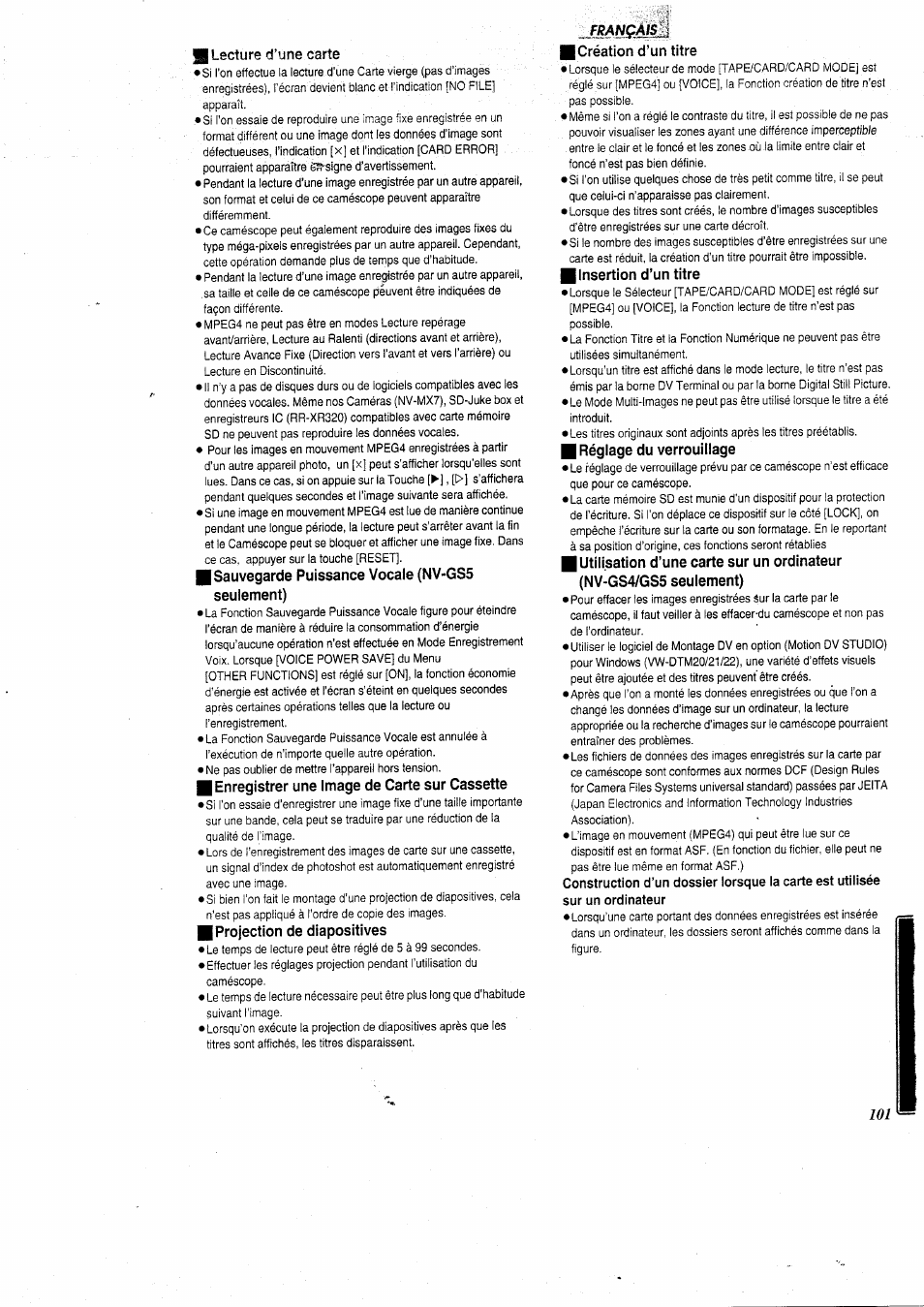 Il lecture d’une carte, Sauvegarde puissance vocale (nv-gs5 seulement), Enregistrer une image de carte sur cassette | Projection de diapositives, Création d’un titre, Insertion d’un titre, Réglage du verrouillage | Panasonic NVGS5 User Manual | Page 47 / 54