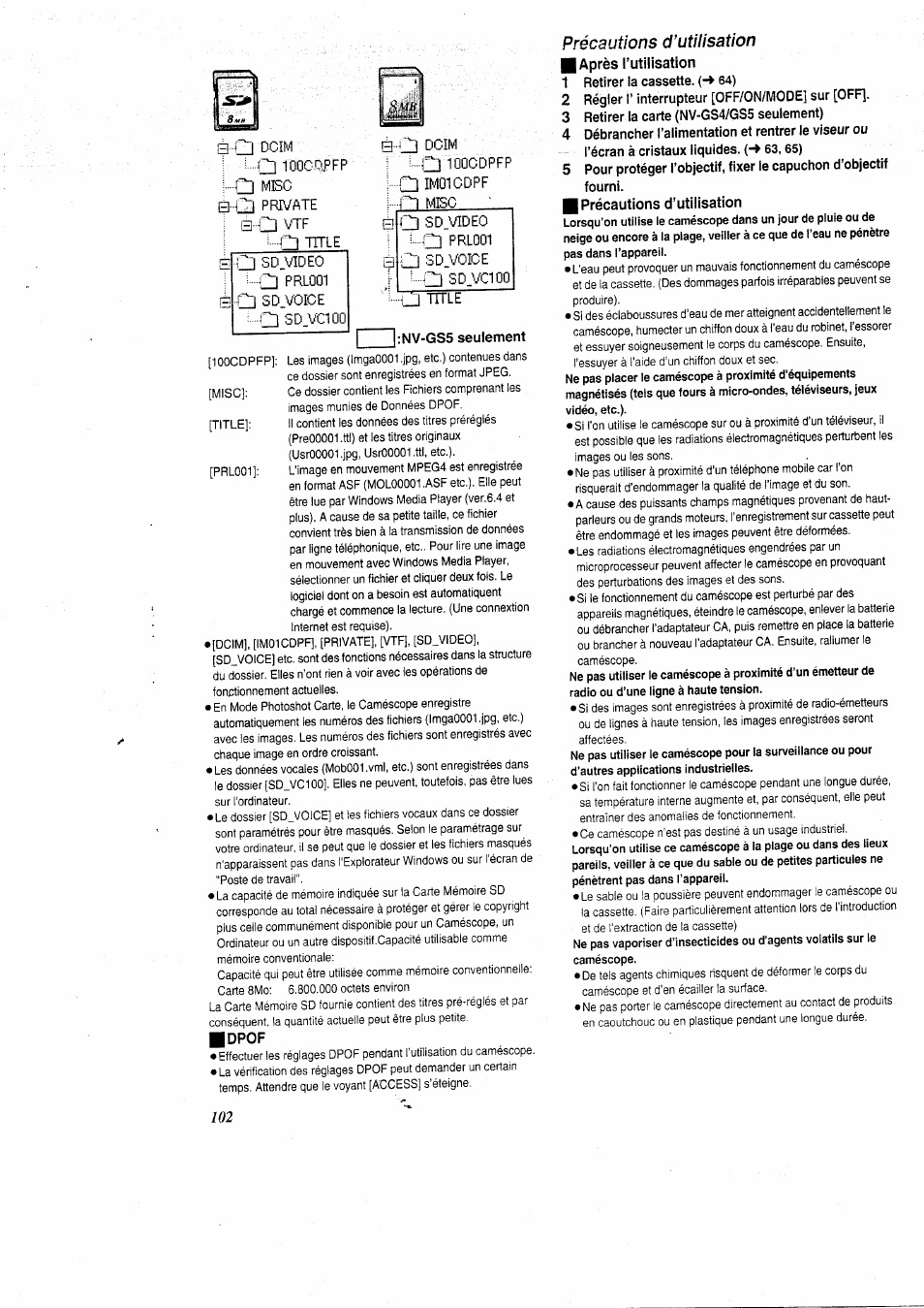 Précautions d’utilisation, Après l’utilisation, 1 retirer la cassette. {-♦ 64) | 2 régler l’interrupteur [off/on/mode] sur [off, 3 retirer ia carte (nv-gs4/gs5 seuiement), Даоо | Panasonic NVGS5 User Manual | Page 48 / 54