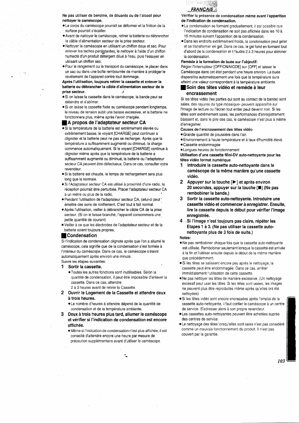 Ia propos de l’adaptateur secteur ca, I condensation, Soin des têtes vidéo et remède à leur encrassement | Panasonic NVGS5 User Manual | Page 49 / 54