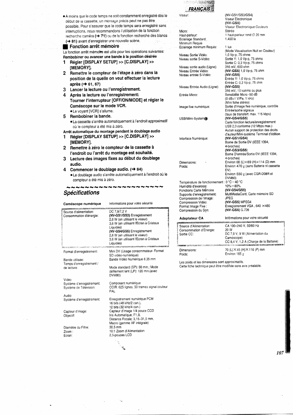 Fonction arrêt mémoire, Spécifications | Panasonic NVGS5 User Manual | Page 53 / 54