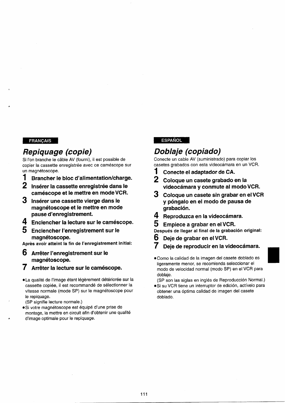 Repiquage (copie), Doblaje (copiado) | Panasonic NVRX33EG User Manual | Page 111 / 138