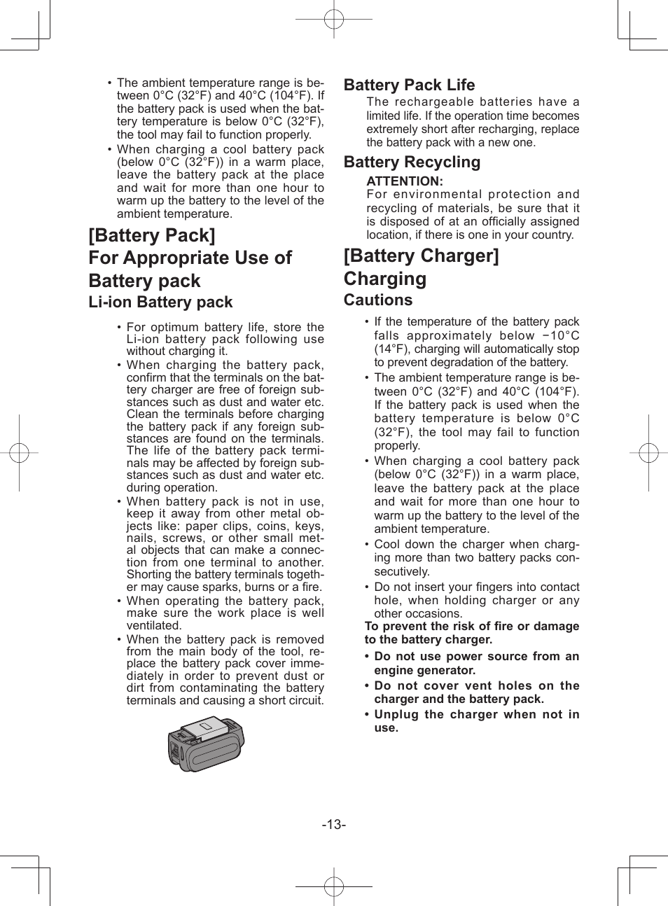 Battery pack] for appropriate use of battery pack, Battery charger] charging, Li-ion battery pack | Battery pack life, Battery recycling, Cautions | Panasonic EY45A1 User Manual | Page 13 / 116
