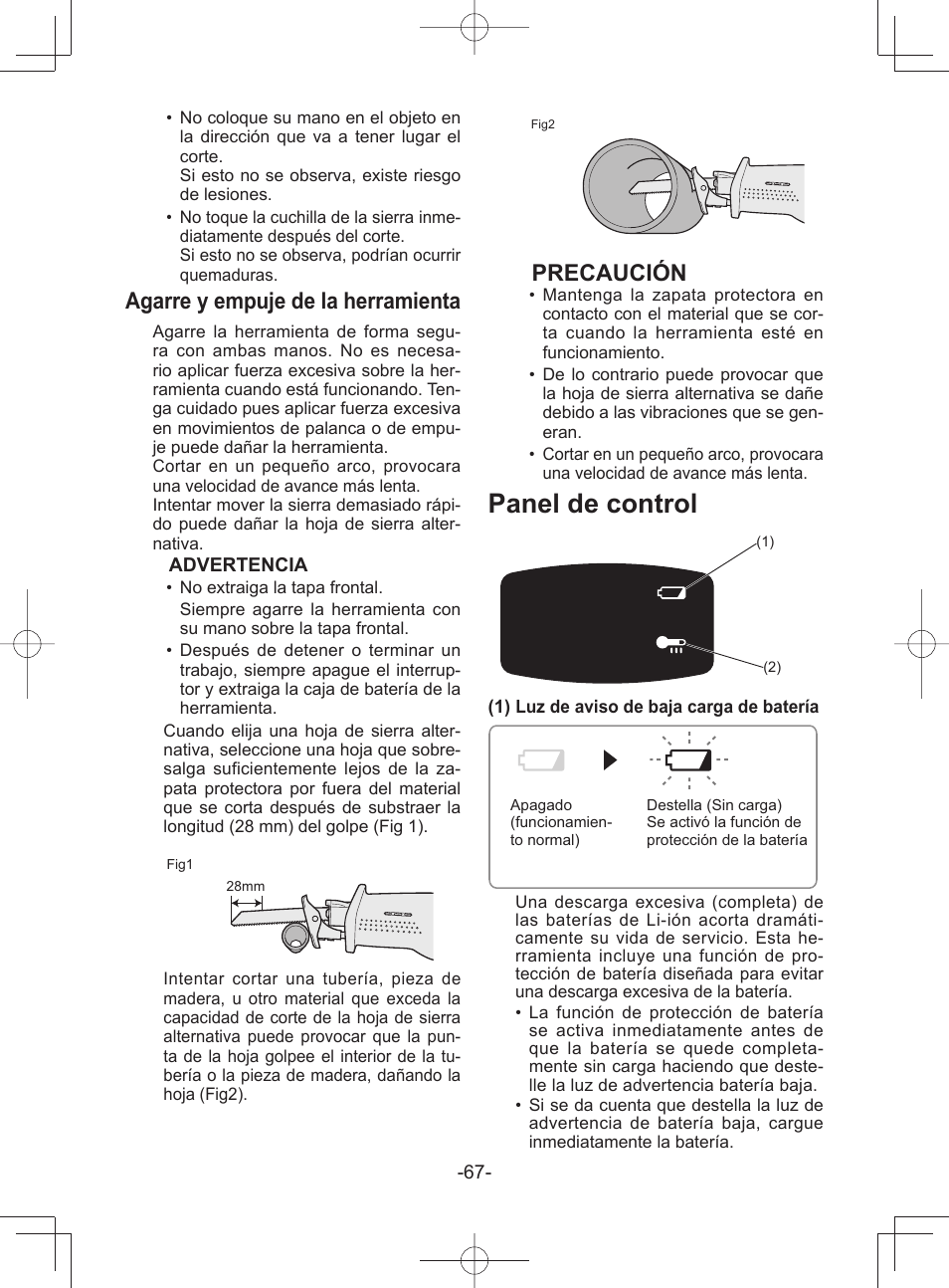 Panel de control, Agarre y empuje de la herramienta, Precaución | Panasonic EY45A1 User Manual | Page 67 / 116