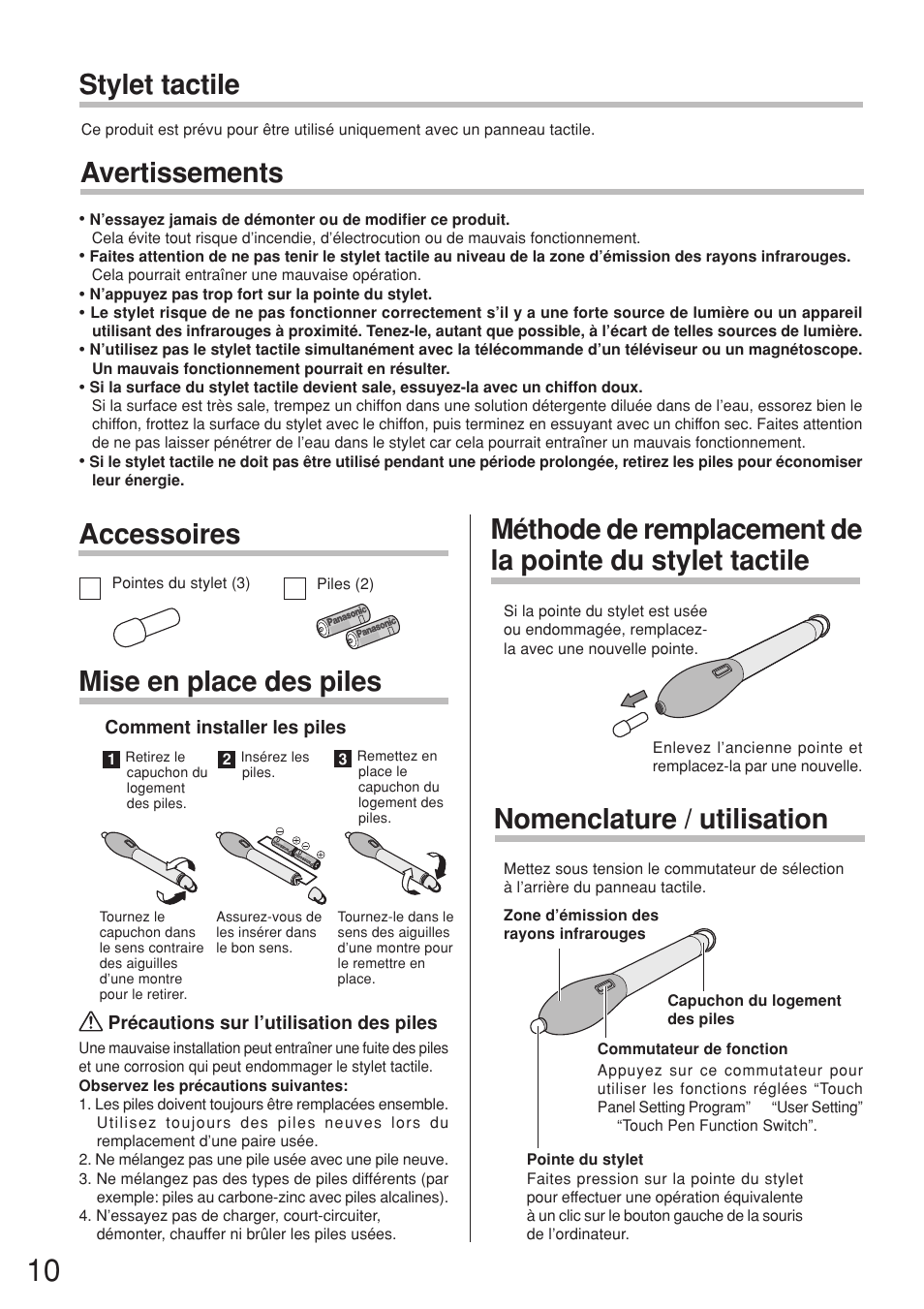 Accessoires mise en place des piles, Stylet tactile, Nomenclature / utilisation | Avertissements | Panasonic TYTP50P6S User Manual | Page 10 / 16
