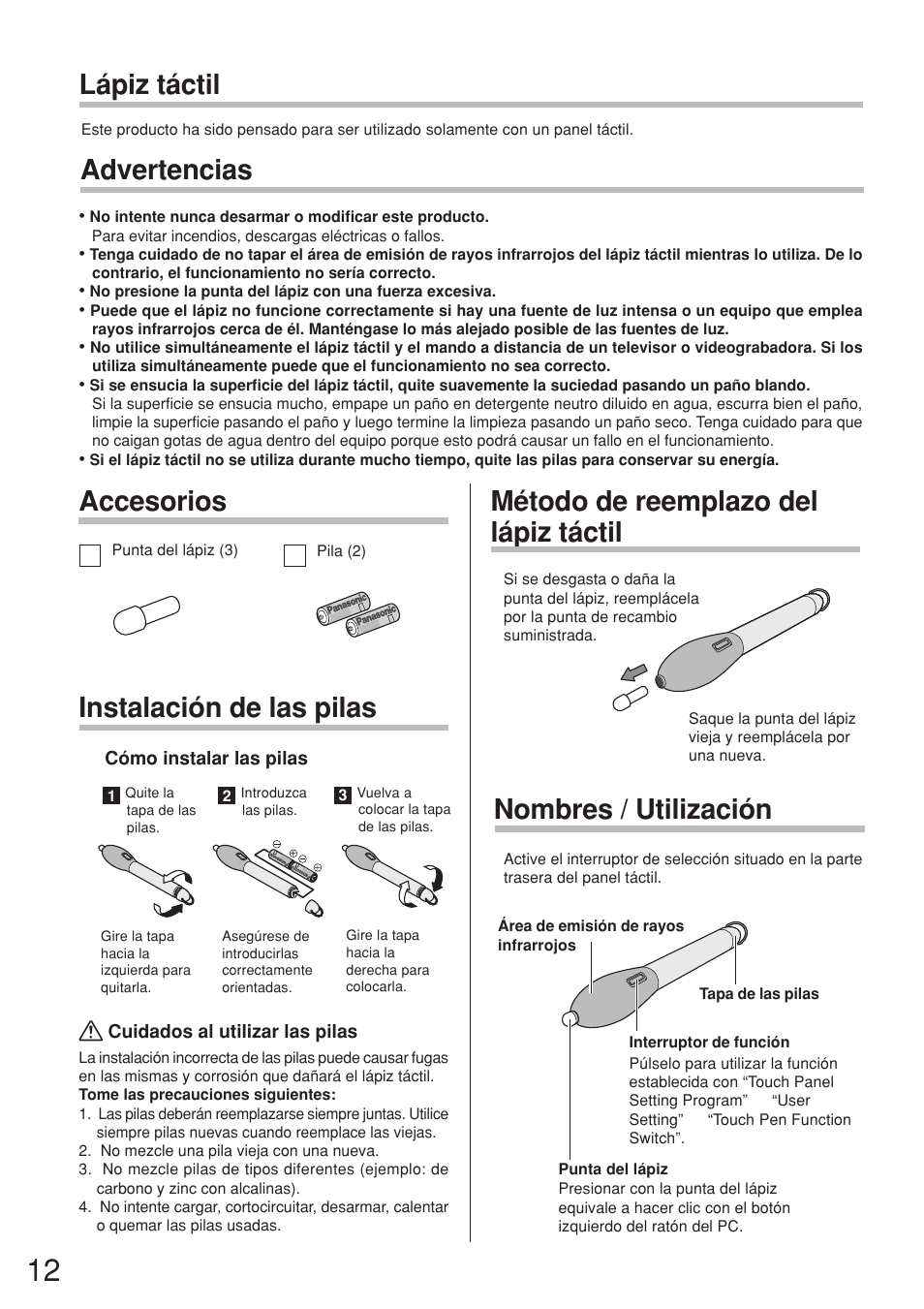 Accesorios instalación de las pilas, Lápiz táctil, Nombres / utilización | Método de reemplazo del lápiz táctil, Advertencias | Panasonic TYTP50P6S User Manual | Page 12 / 16
