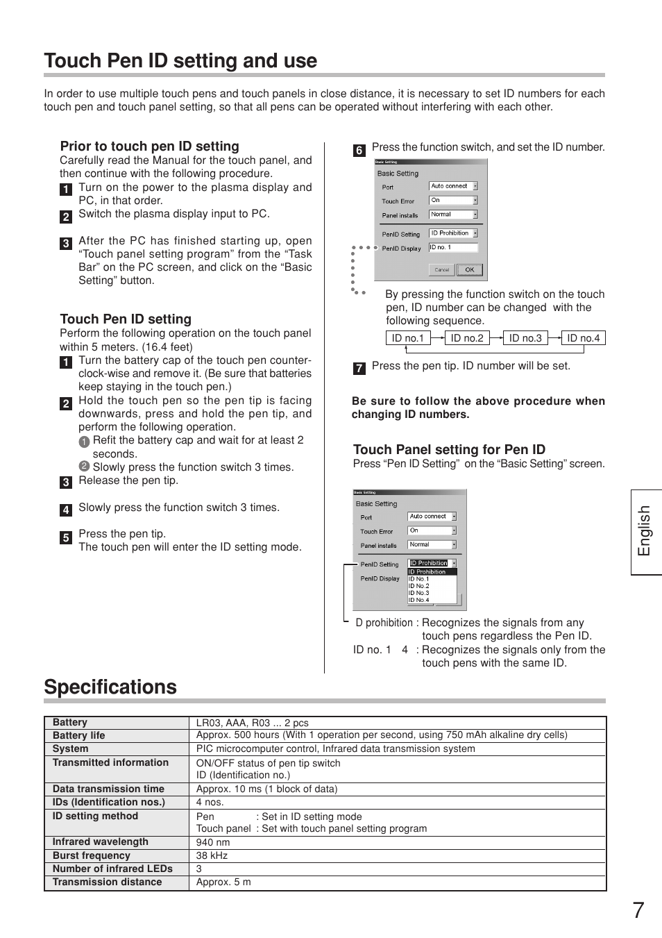 Touch pen id setting and use, Specifications, English | Panasonic TYTP50P6S User Manual | Page 7 / 16