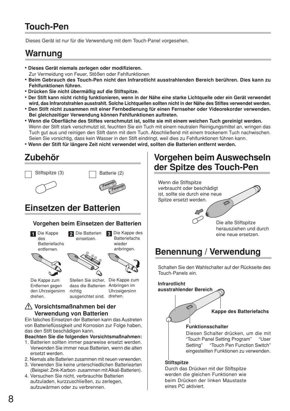 Zubehör einsetzen der batterien, Touch-pen, Benennung / verwendung | Vorgehen beim auswechseln der spitze des touch-pen, Warnung | Panasonic TYTP50P6S User Manual | Page 8 / 16