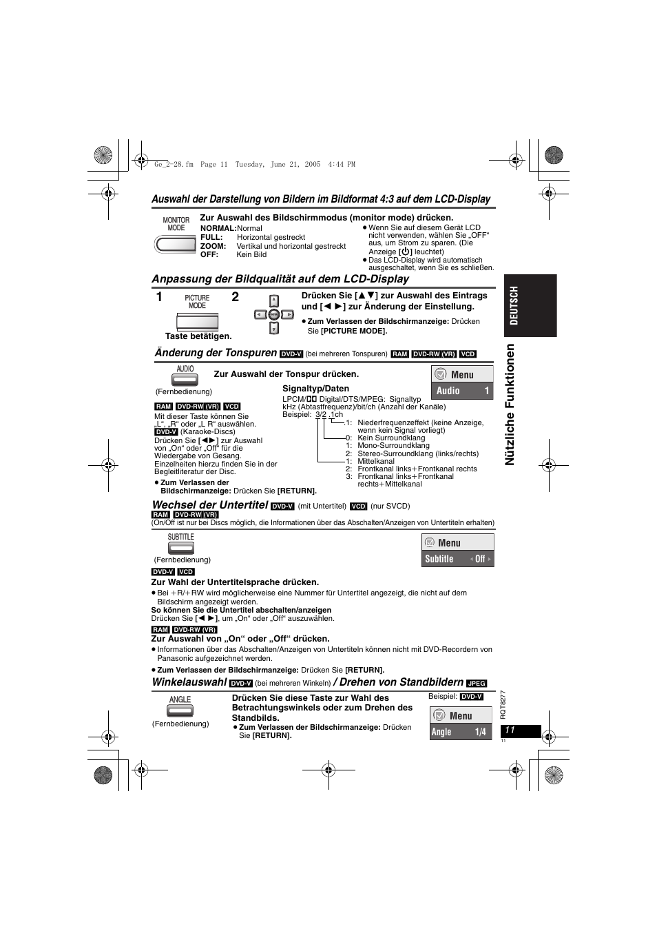 Nüt z li c he funkt ionen, Winkelauswahl, Drehen von standbildern | Änderung der tonspuren | Panasonic DVDLS90 User Manual | Page 11 / 56