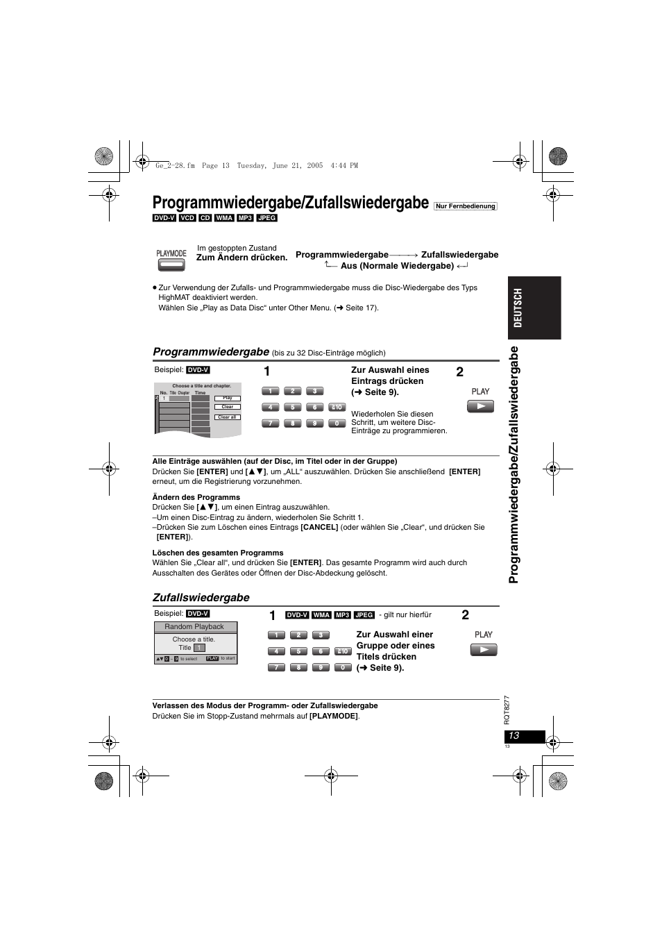 Programmwiedergabe/zufallswiedergabe, Pr ogramm w ieder gabe/ zufal ls wieder gabe, Programmwiedergabe | Zufallswiedergabe | Panasonic DVDLS90 User Manual | Page 13 / 56