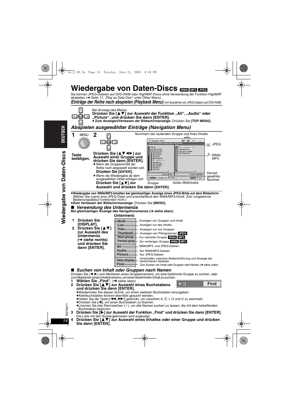 Wiedergabe von daten-discs, Wiede rgabe v on daten- discs, Einträge der reihe nach abspielen (playback menu) | Abspielen ausgewählter einträge (navigation menu) | Panasonic DVDLS90 User Manual | Page 14 / 56