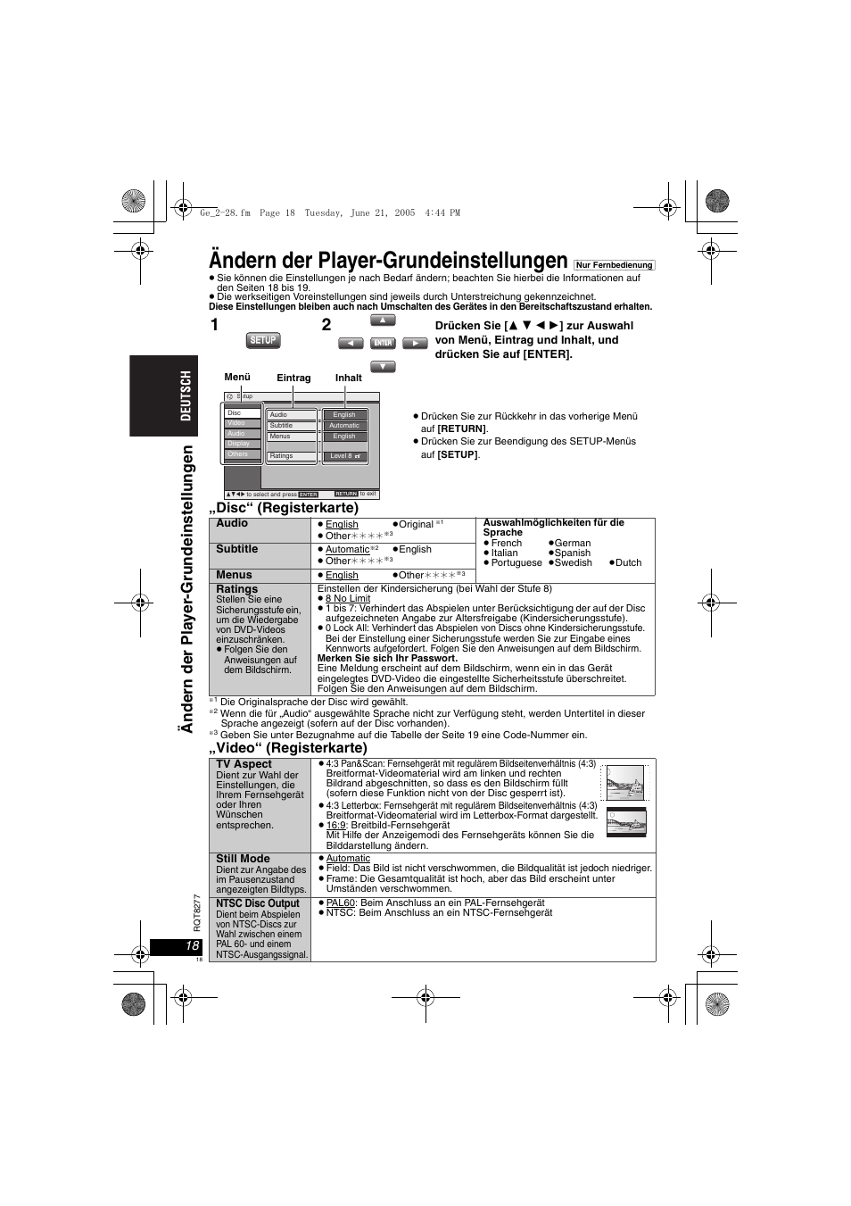 Ändern der player-grundeinstellungen, Disc“ (registerkarte), Video“ (registerkarte) | Panasonic DVDLS90 User Manual | Page 18 / 56