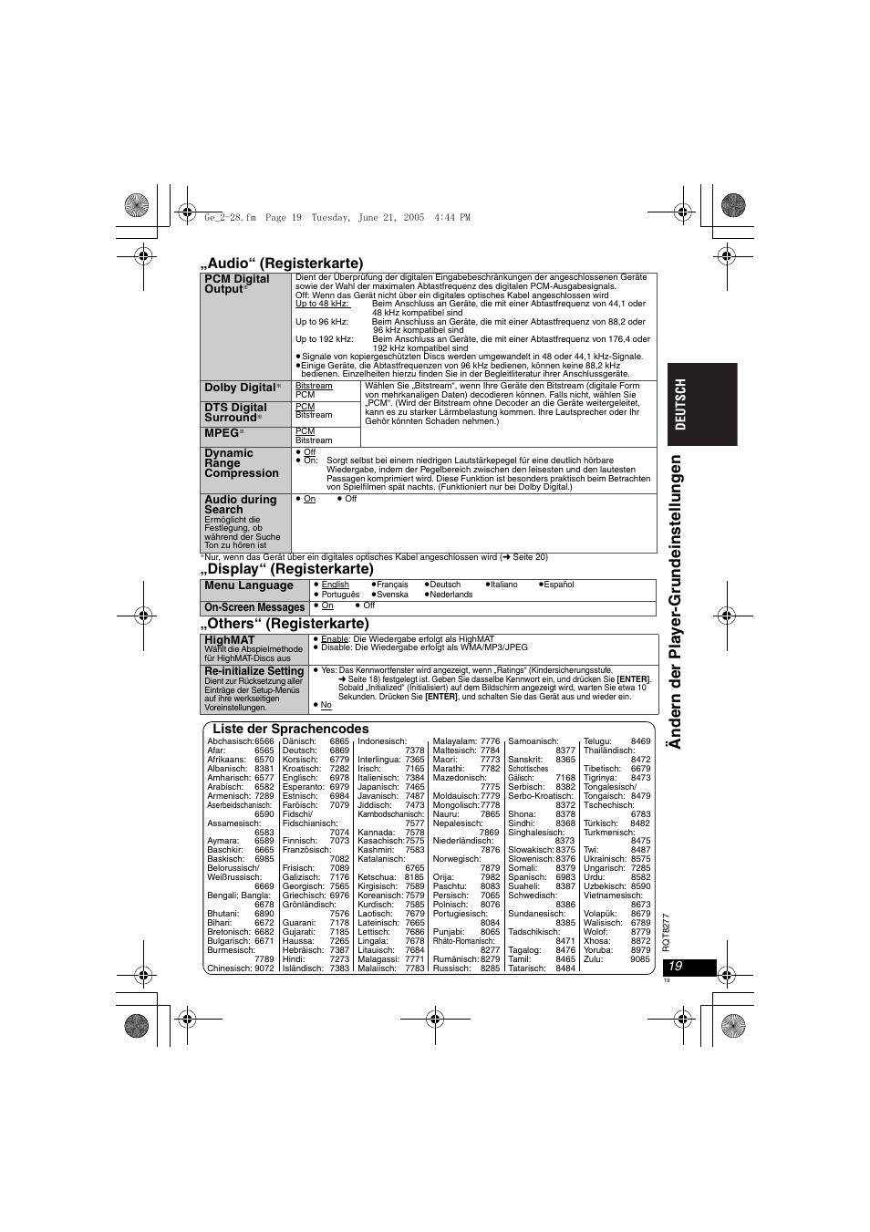 Audio“ (registerkarte), Display“ (registerkarte) „others“ (registerkarte), Liste der sprachencodes | Panasonic DVDLS90 User Manual | Page 19 / 56