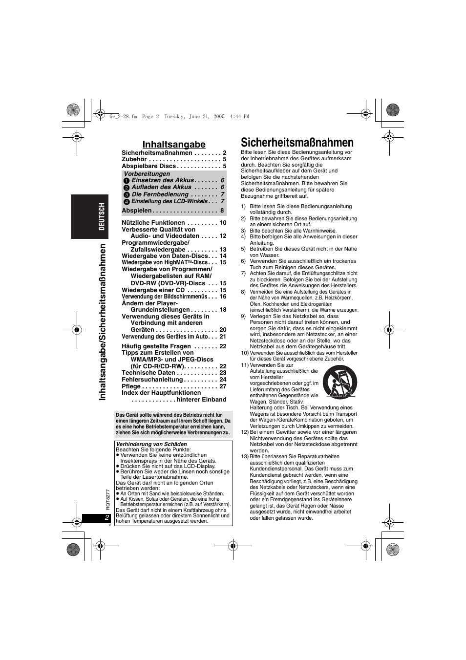 Sicherheitsmaßnahmen, Inhaltsangabe, Inhal tsan gabe/si cherh e it sm aß nahm en | Panasonic DVDLS90 User Manual | Page 2 / 56