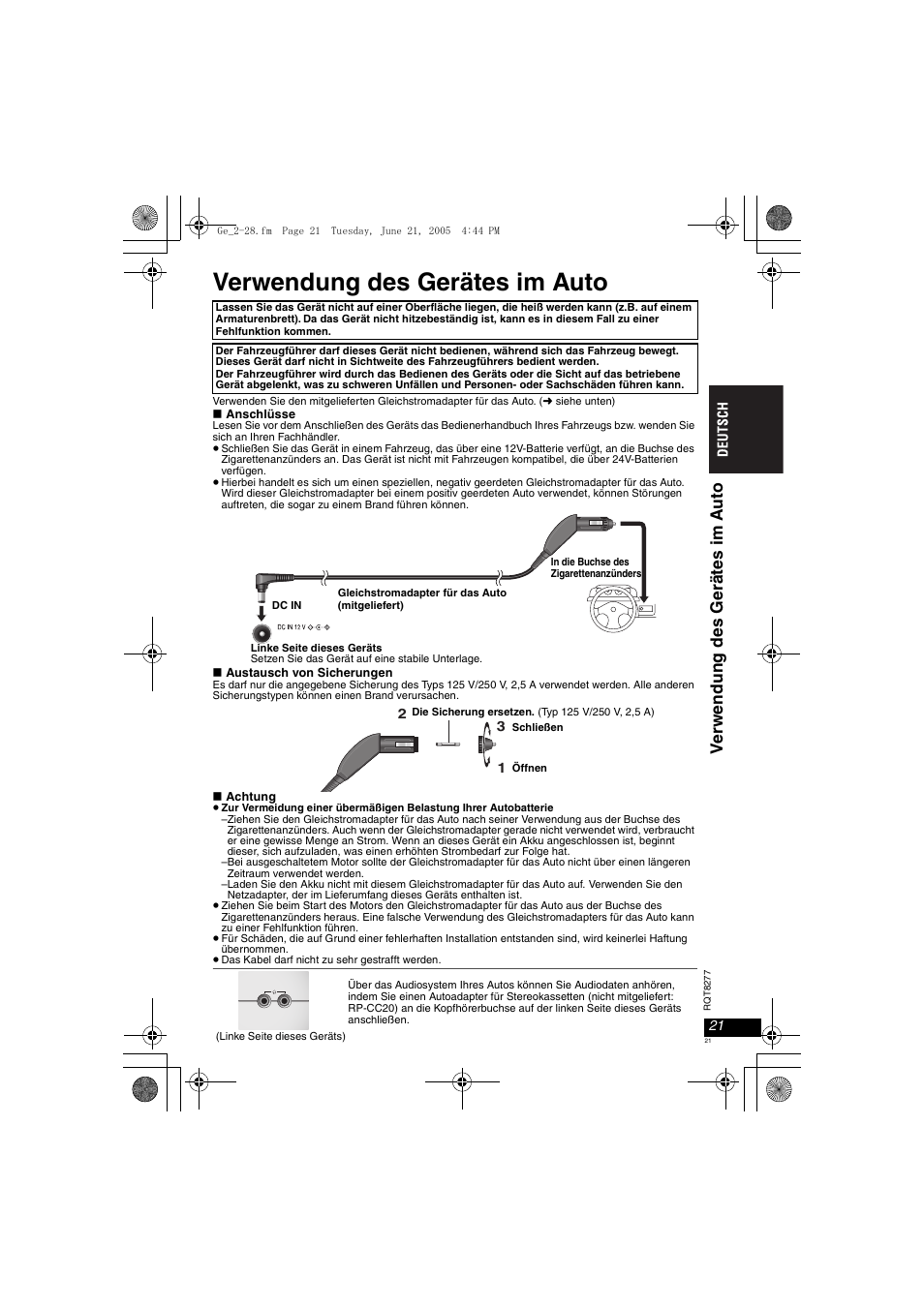 Verwendung des gerätes im auto, Ve rwendun g des gerät es im a u to | Panasonic DVDLS90 User Manual | Page 21 / 56