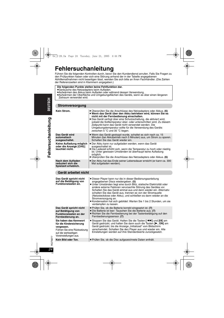 Fehlersuchanleitung, Fehle rsuc ha nlei tung | Panasonic DVDLS90 User Manual | Page 24 / 56