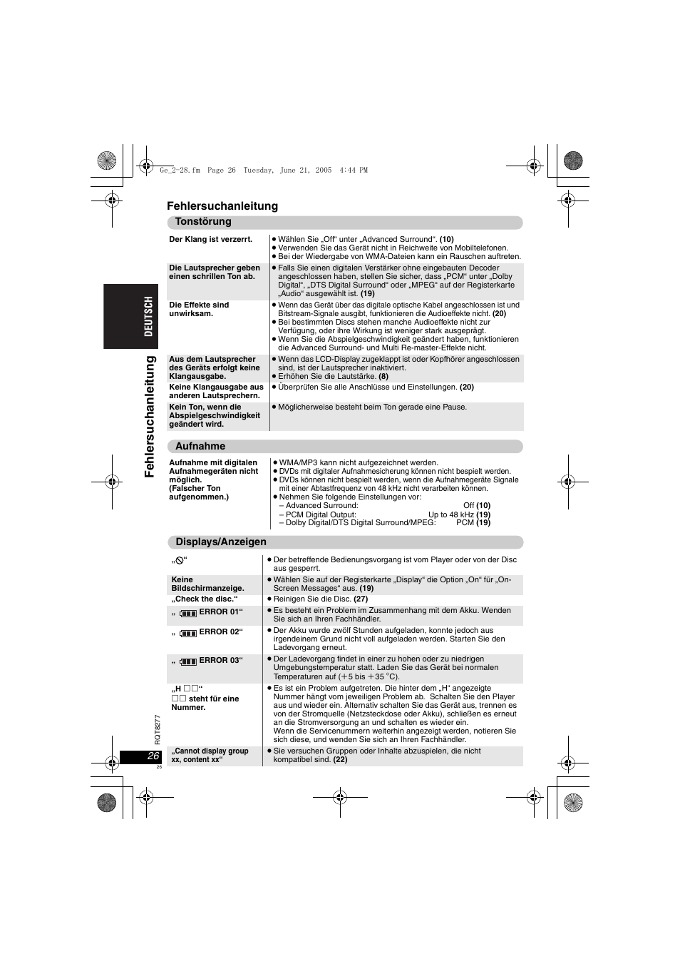 Fehle rsuc ha nlei tung, Fehlersuchanleitung | Panasonic DVDLS90 User Manual | Page 26 / 56