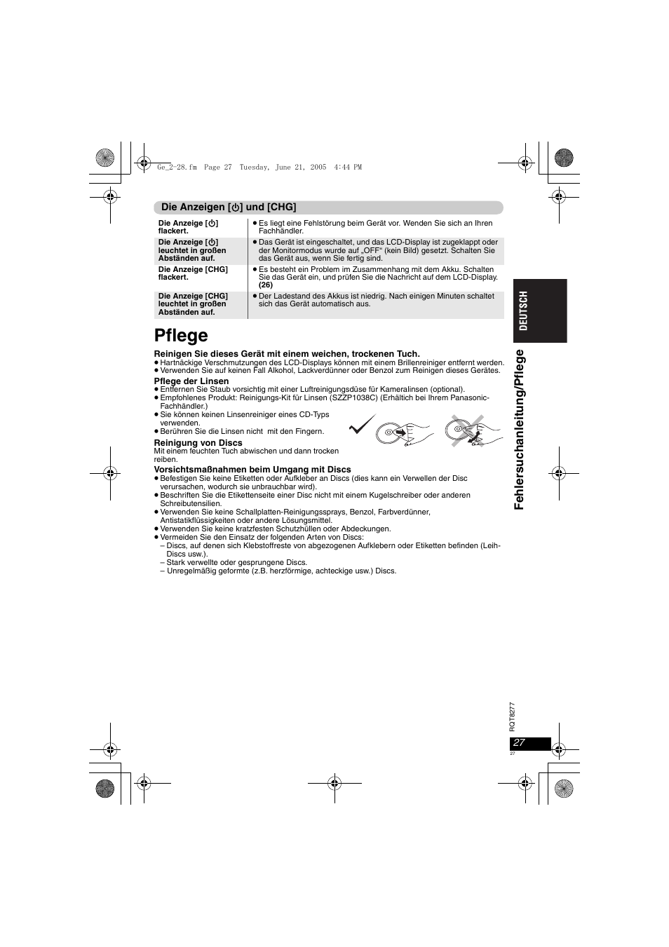 Pflege, Fehl er su c hanlei tu ng/pf leg e | Panasonic DVDLS90 User Manual | Page 27 / 56