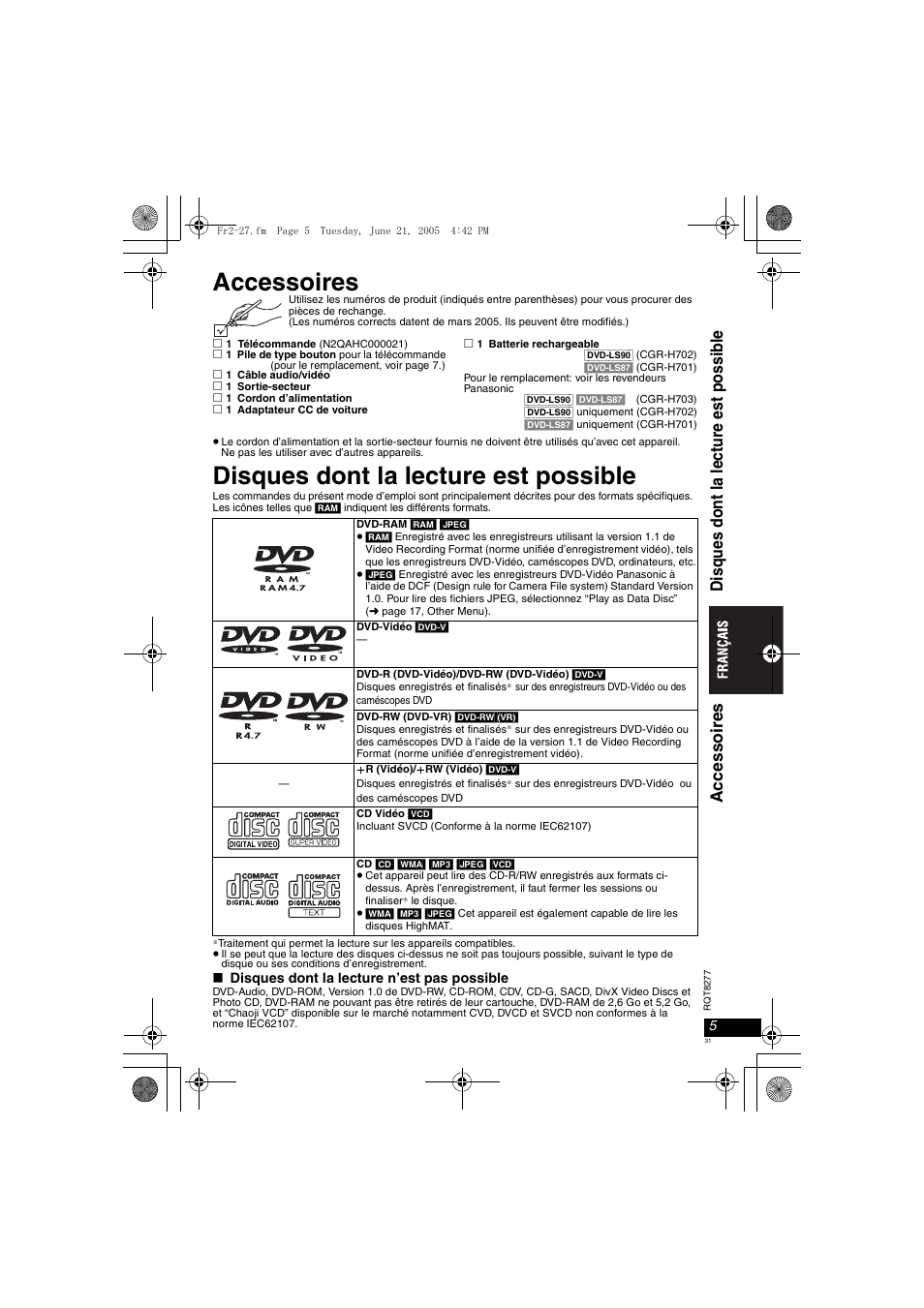 Accessoires, Disques dont la lecture est possible | Panasonic DVDLS90 User Manual | Page 31 / 56