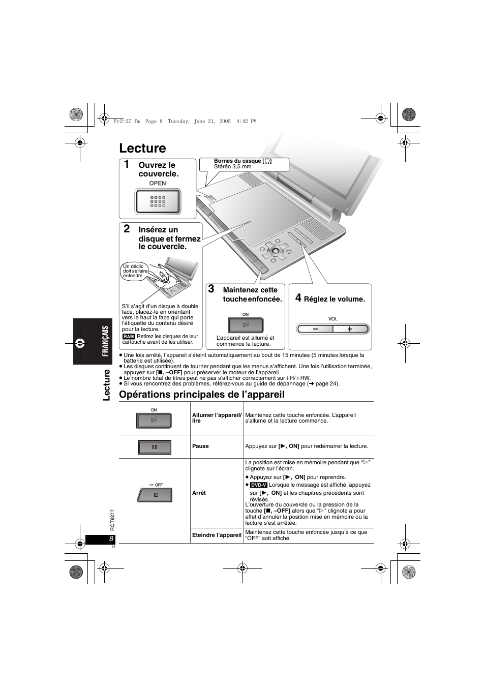 Lecture, Opérations principales de l’appareil, Le ctur e | Panasonic DVDLS90 User Manual | Page 34 / 56