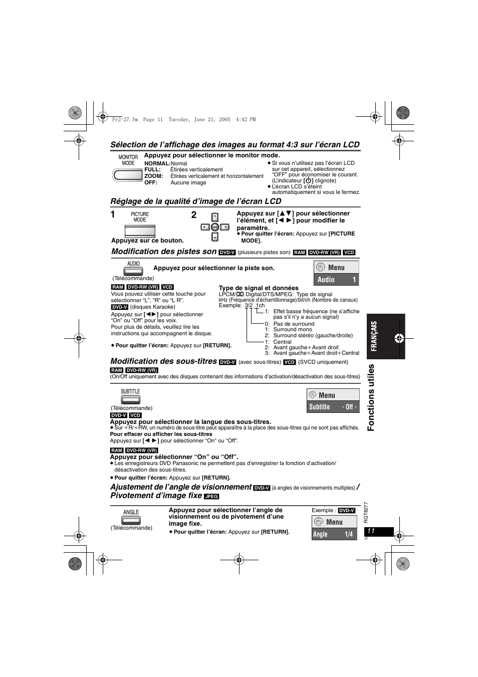 Fonct ions uti le s, Ajustement de l’angle de visionnement, Pivotement d’image fixe | Modification des pistes son | Panasonic DVDLS90 User Manual | Page 37 / 56
