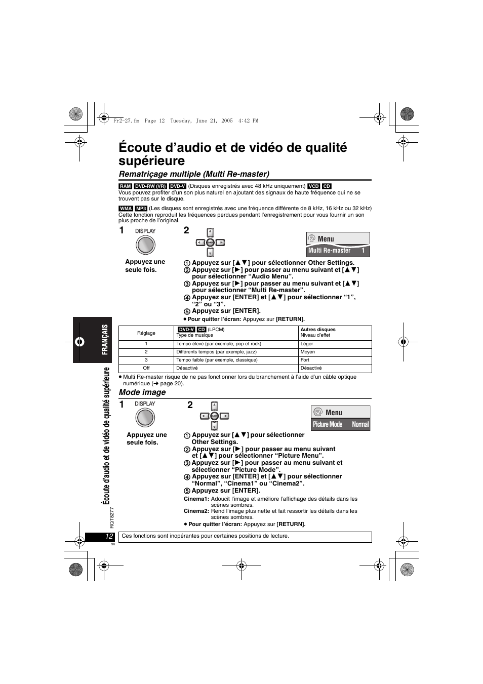 Écoute d’audio et de vidéo de qualité supérieure, Rematriçage multiple (multi re-master), Mode image | Panasonic DVDLS90 User Manual | Page 38 / 56