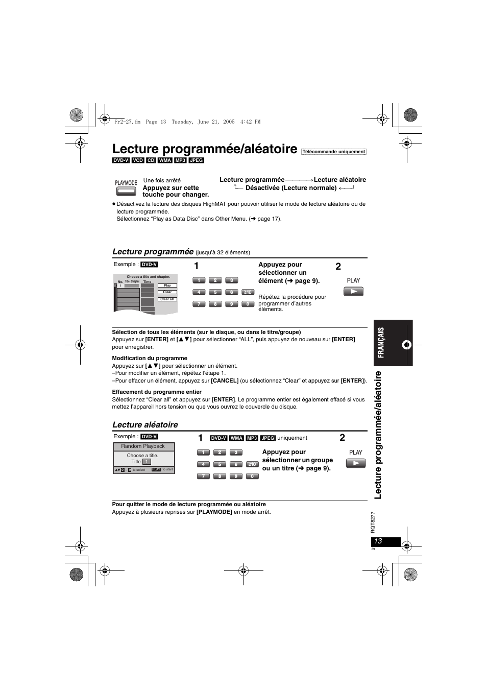 Lecture programmée/aléatoire, Lectur e pr ogrammée/al éat oir e, Lecture programmée | Lecture aléatoire | Panasonic DVDLS90 User Manual | Page 39 / 56