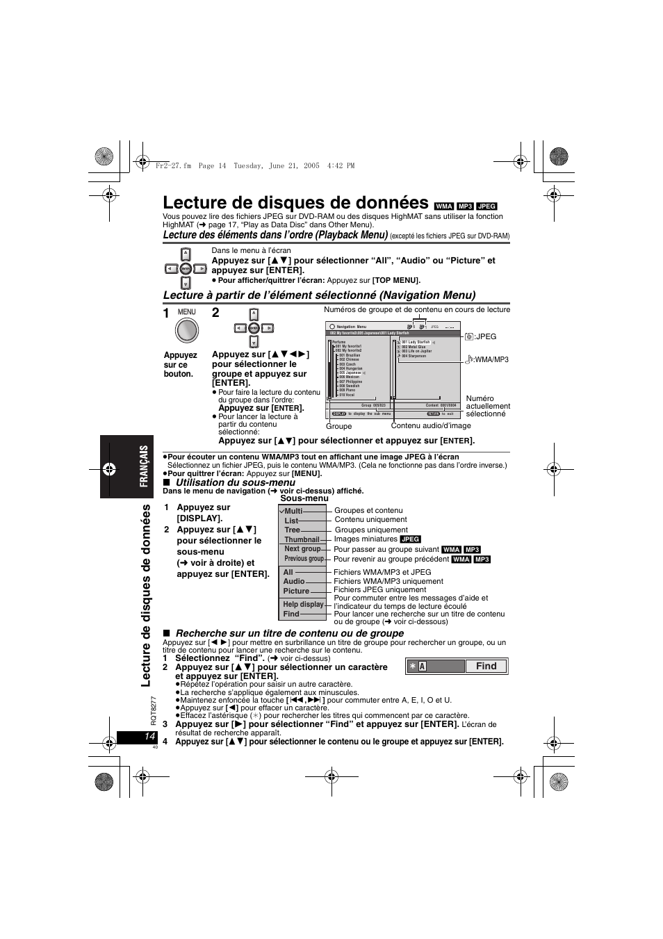 Lecture de disques de données, Lec tur e de dis ques d e donnée s, Lecture des éléments dans l’ordre (playback menu) | Panasonic DVDLS90 User Manual | Page 40 / 56