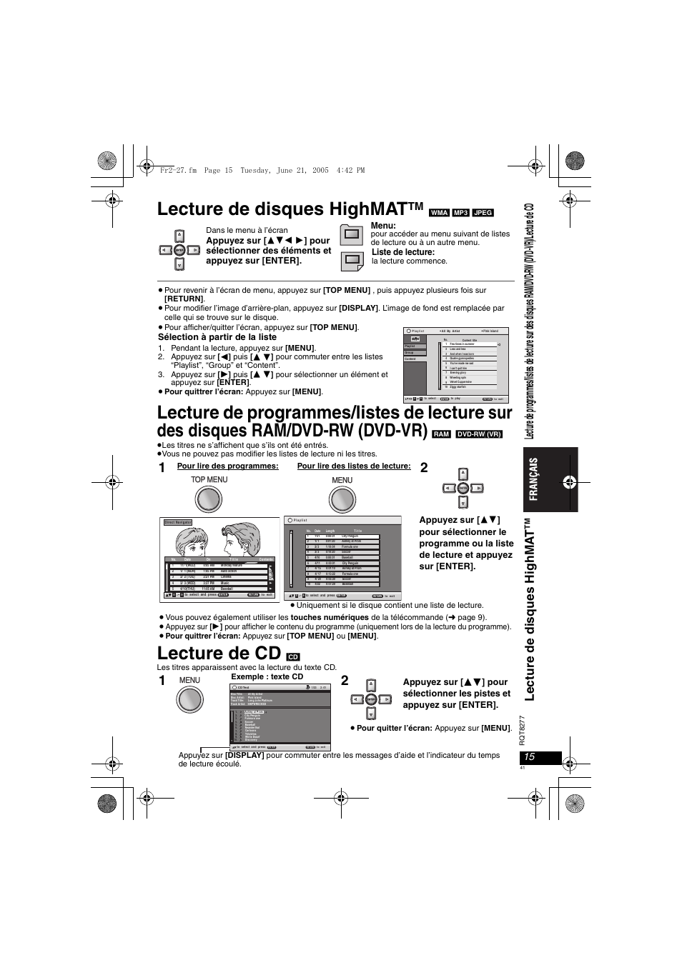 Lecture de disques highmat, Lecture de programmes/listes de lecture sur, Des disques ram/dvd-rw (dvd-vr) | Lecture de cd, Le ctur e de di sques hi ghma t, Liste de lecture, Sélection à partir de la liste | Panasonic DVDLS90 User Manual | Page 41 / 56