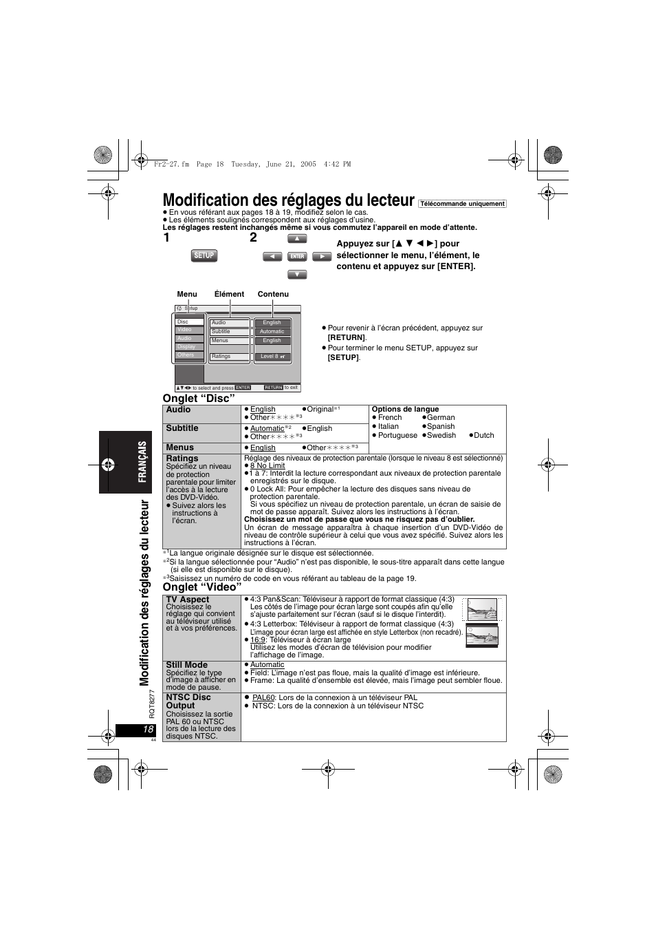 Modification des réglages du lecteur, Onglet “disc, Onglet “video | Panasonic DVDLS90 User Manual | Page 44 / 56