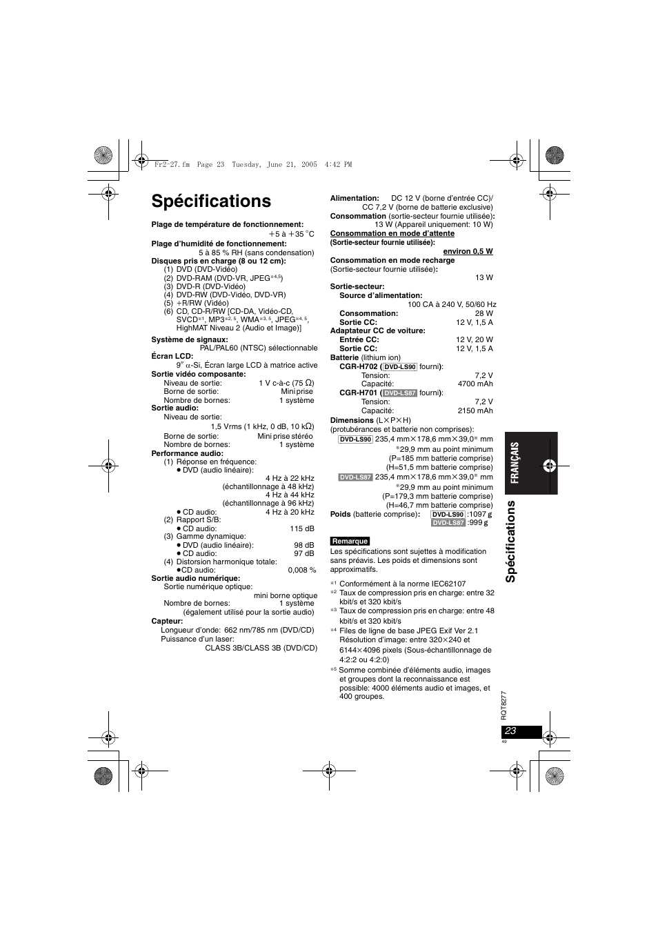 Spécifications, Spé c if icat io ns | Panasonic DVDLS90 User Manual | Page 49 / 56
