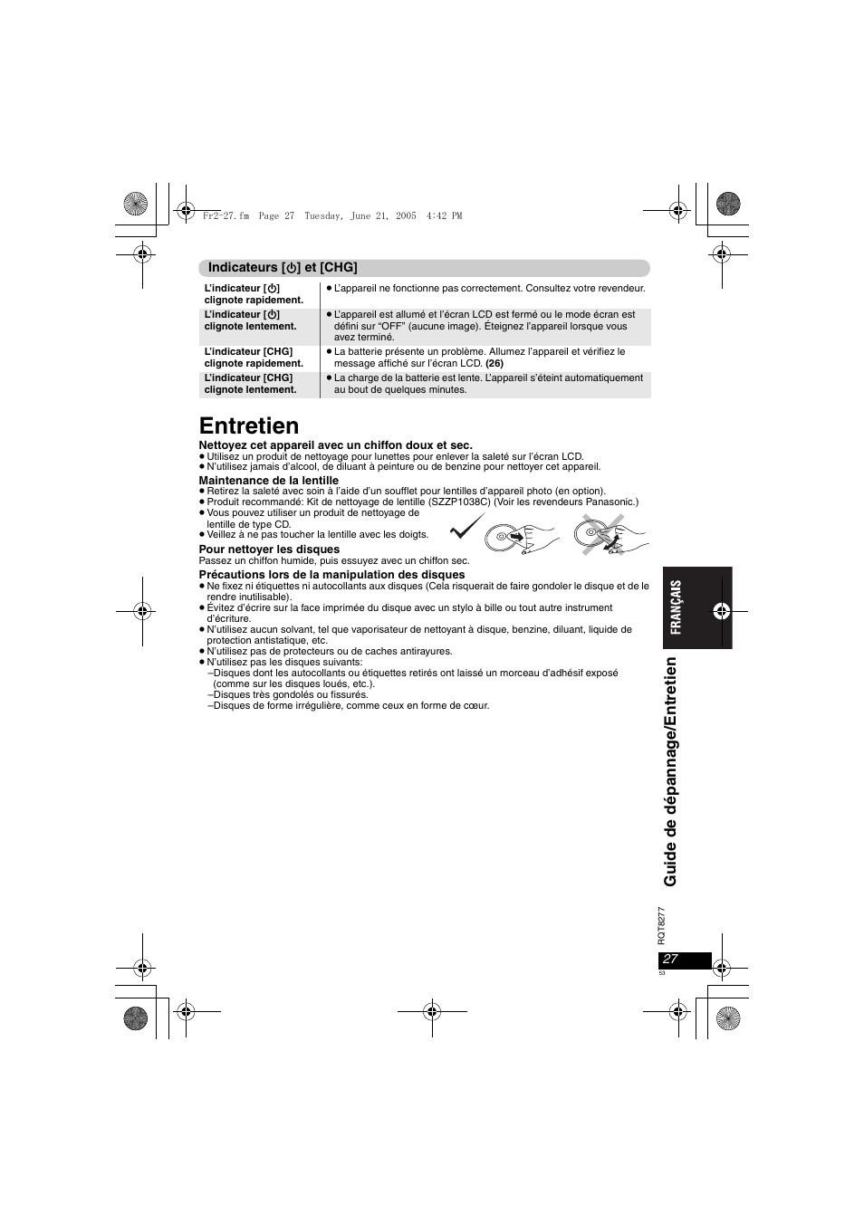 Entretien, Gui de de dépa nna g e /ent ret ie n | Panasonic DVDLS90 User Manual | Page 53 / 56