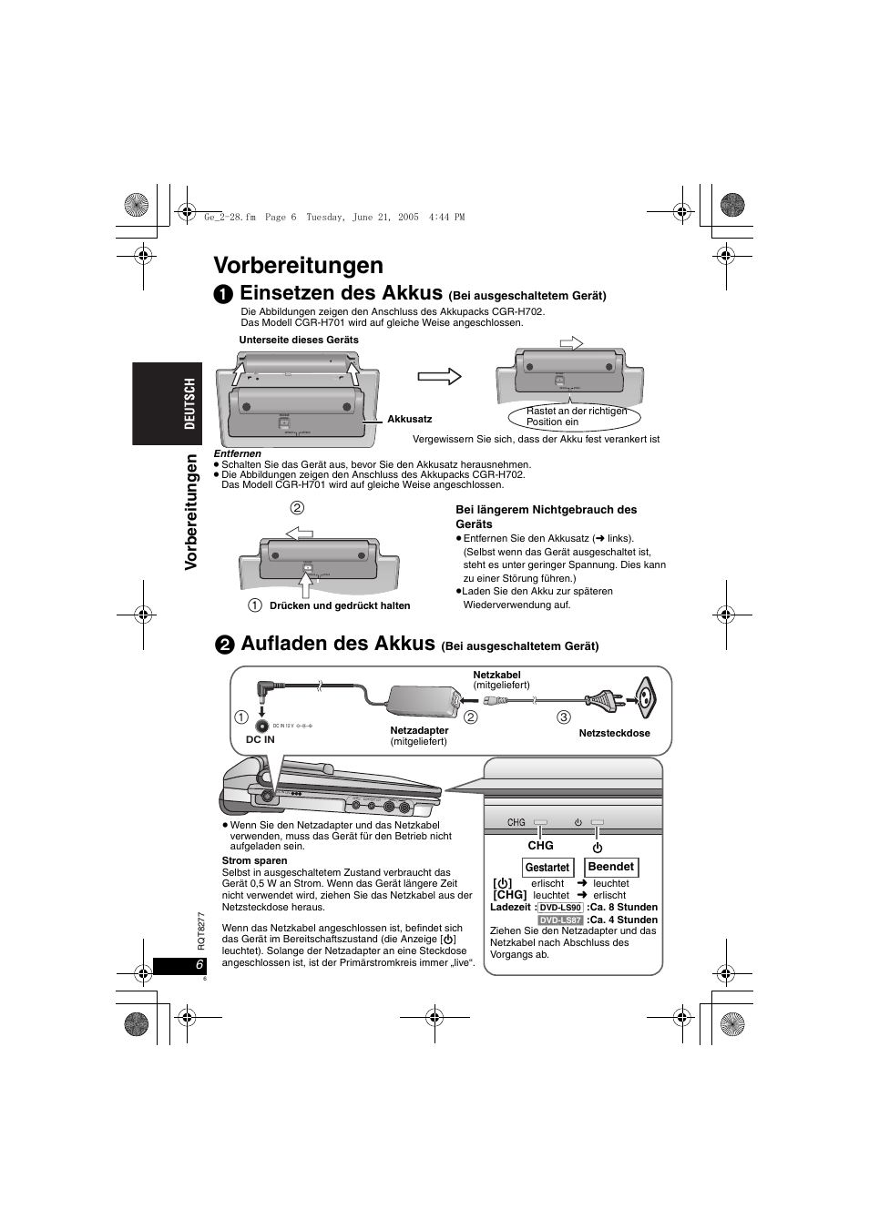 Vorbereitungen, 1 einsetzen des akkus, 2 aufladen des akkus | Vo rbe rei tung en | Panasonic DVDLS90 User Manual | Page 6 / 56