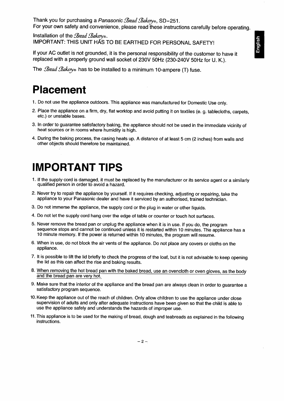 Placement, Important tips | Panasonic SD251 User Manual | Page 3 / 64