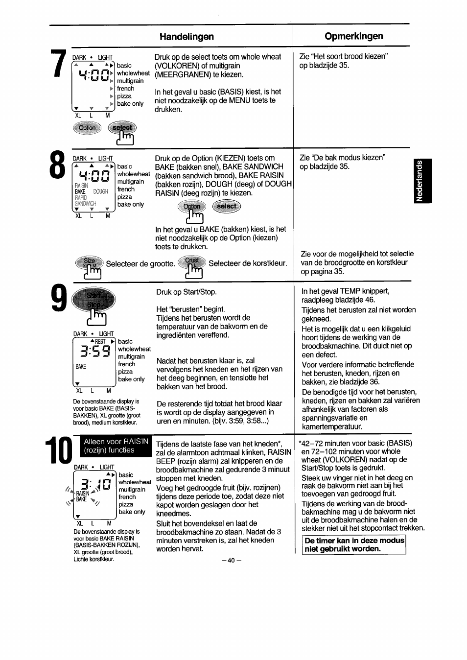 Handelingen, Opmerkingen | Panasonic SD251 User Manual | Page 41 / 64