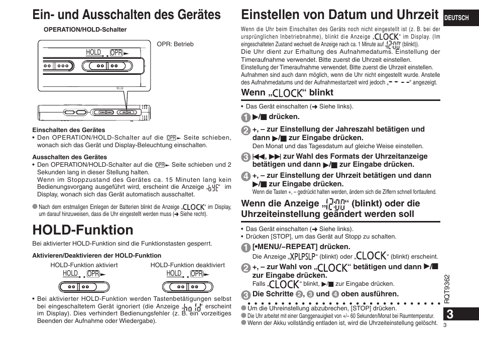 Ein- und ausschalten des gerätes, Hold-funktion, Einstellen von datum und uhrzeit | Wenn „ “ blinkt | Panasonic RRUS570 User Manual | Page 3 / 200