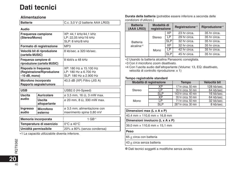 Dati tecnici | Panasonic RRUS570 User Manual | Page 40 / 200