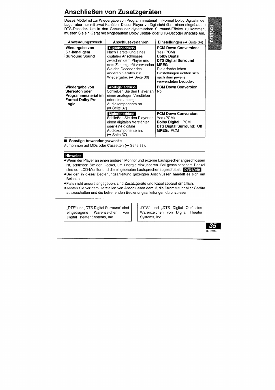 Anschließen von zusatzgeräten | Panasonic DVDPV40 User Manual | Page 35 / 86