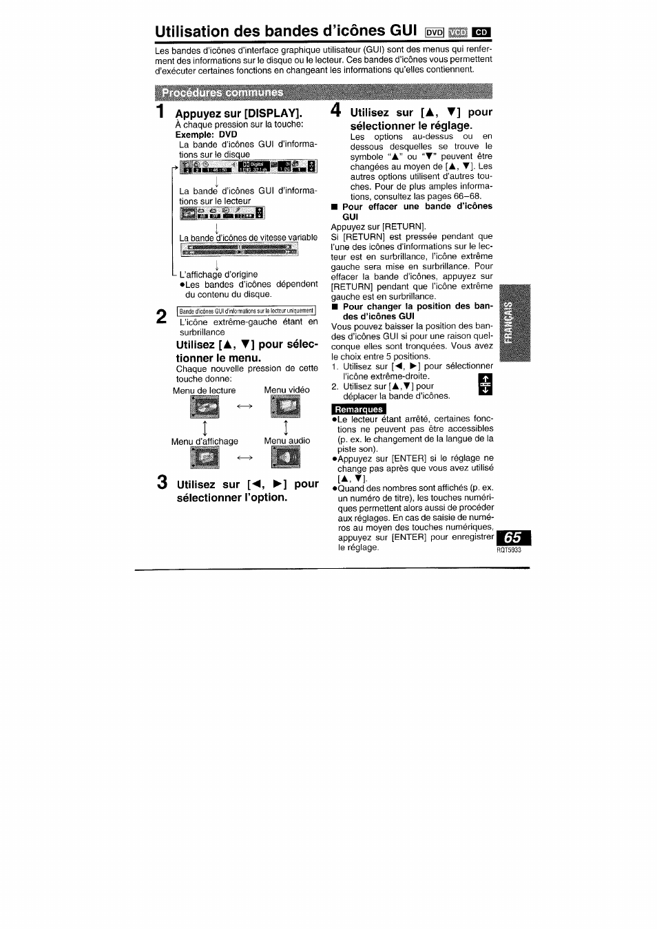 Utilisation des bandes d’icônes gui, Procé, 3 utiiisez sur [m, pour sélectionner l’option | 4 utilisez sur [a, t] pour sélectionner le réglage, Utilisation des bandes d'icônes gui | Panasonic DVDPV40 User Manual | Page 65 / 86