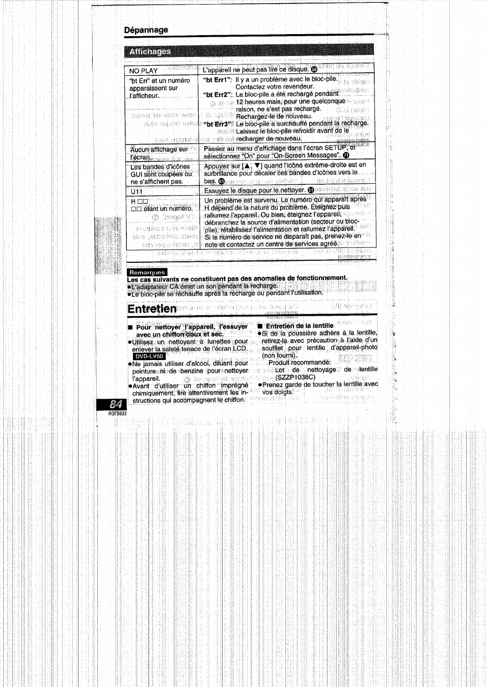 Dépannage, Entretien, Bt errf | Bt err2, Entretien de ia lentilie | Panasonic DVDPV40 User Manual | Page 84 / 86