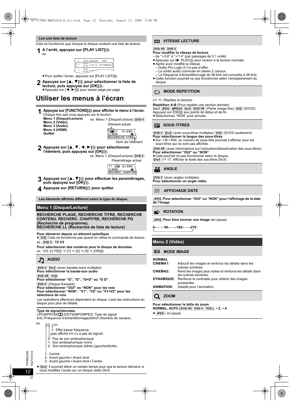Utiliser les menus à l’écran | Panasonic SCPT70 User Manual | Page 32 / 62