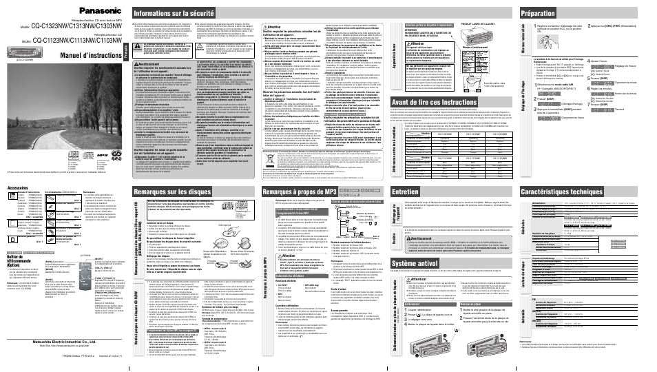 Panasonic CQC1113NW User Manual | 4 pages