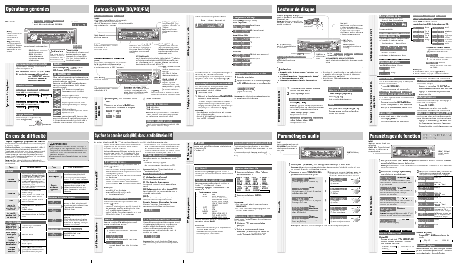 Opérations générales, En cas de difficulté, Autoradio (am [go/po]/fm) | Paramétrages audio, Paramétrages de fonction, Opérations d’ordre général, Avertissement, Préréglage de station, Af (fréquence déroutée), Pty (t ype de programme) qu’est-ce que rds | Panasonic CQC1113NW User Manual | Page 2 / 4