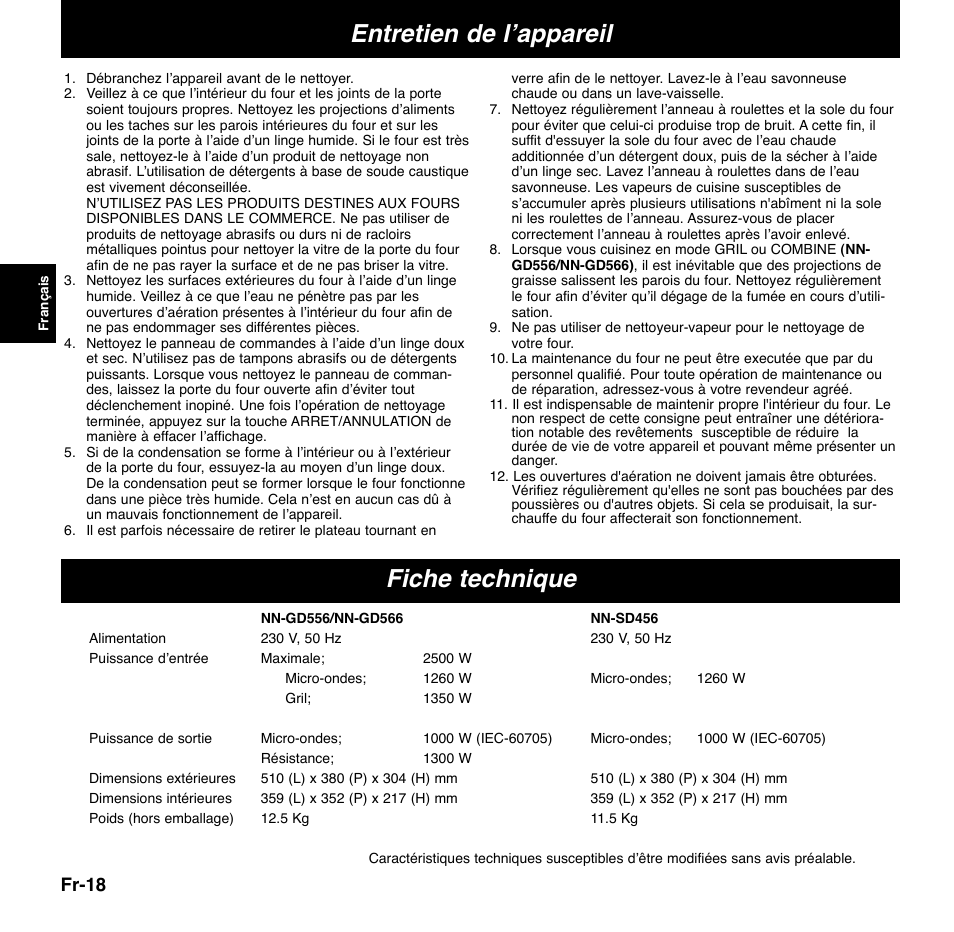 Entretien de l’appareil fiche technique, Fr-18 | Panasonic NNGD556 User Manual | Page 19 / 43