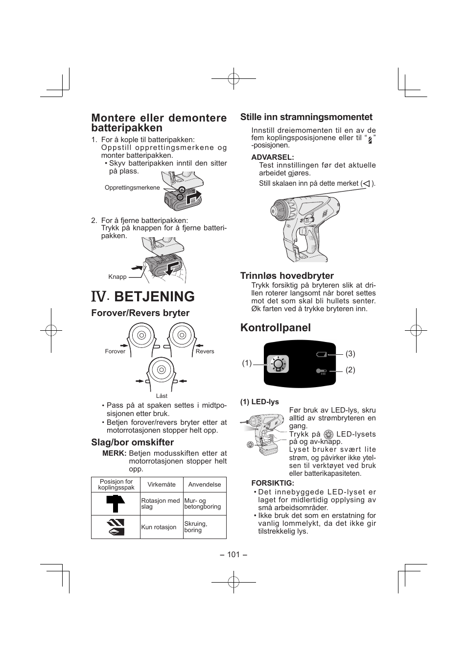 Betjening, Montere eller demontere batteripakken, Kontrollpanel | Forover/revers bryter, Slag/bor omskifter, Stille inn stramningsmomentet, Trinnløs hovedbryter | Panasonic EY7840 User Manual | Page 101 / 144