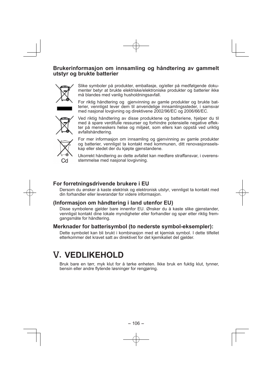 Vedlikehold | Panasonic EY7840 User Manual | Page 106 / 144