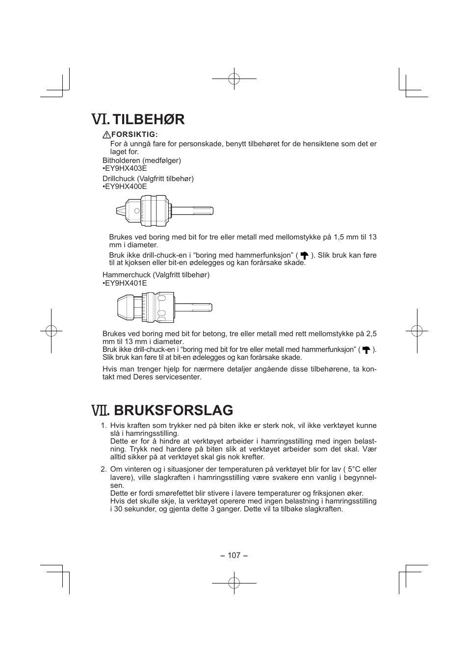 Tilbehør, Bruksforslag | Panasonic EY7840 User Manual | Page 107 / 144