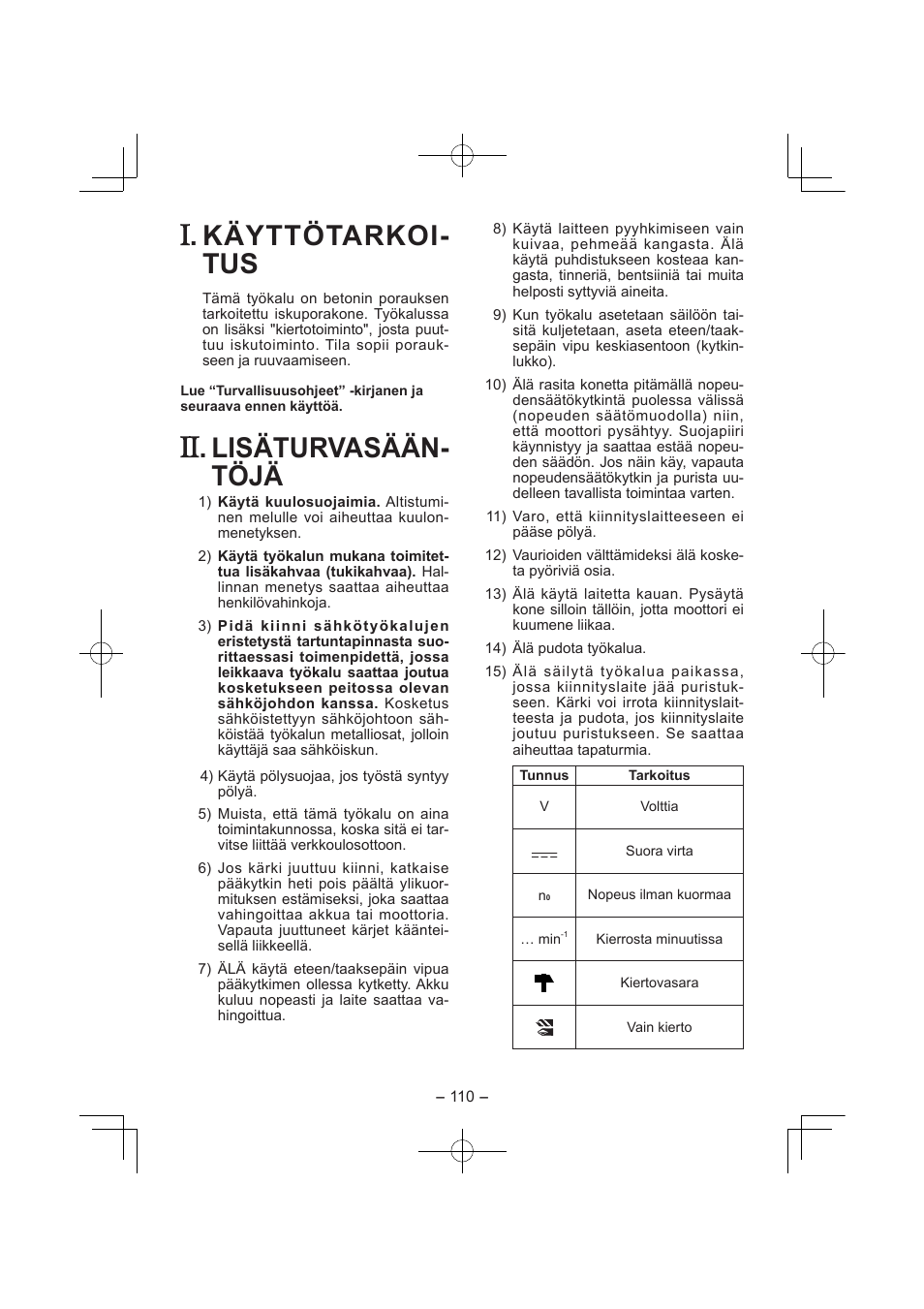 Käyttötarkoi­ tus, Lisäturvasään­ töjä | Panasonic EY7840 User Manual | Page 110 / 144